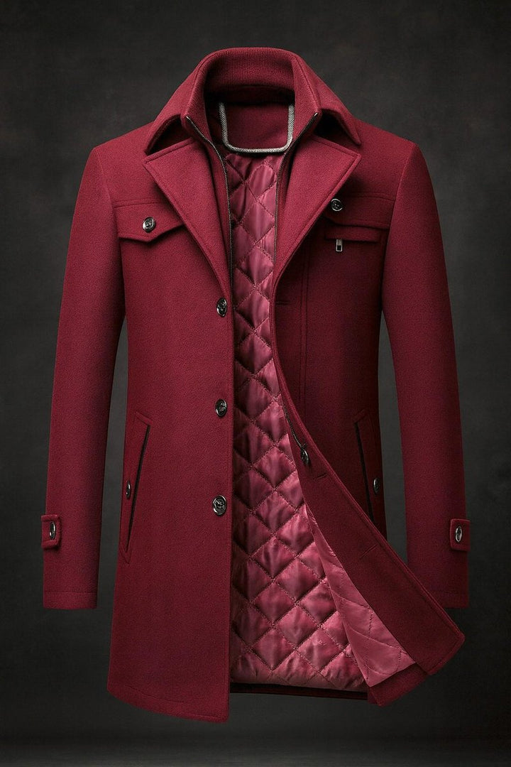 Men's Wool Coat Double-Collar Quilted-Lining Overcoat - Burgundy
