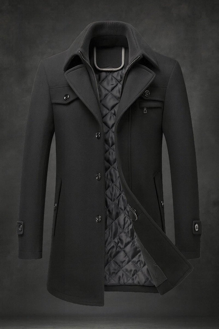 Men's Wool Coat Double-Collar Quilted-Lining Overcoat - Black