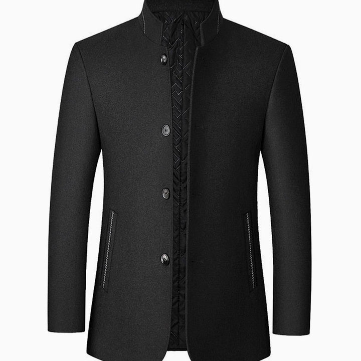 Men's Wool Stand-Collar Overcoat Tailored Button-Front Coat - Black