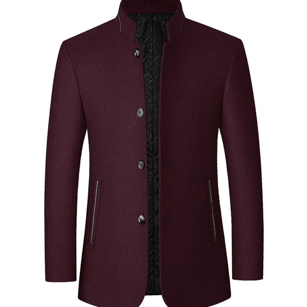 Men's Wool Stand-Collar Overcoat Tailored Button-Front Coat - Wine