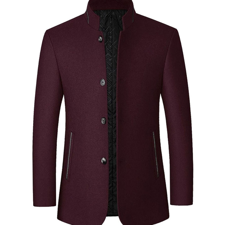 Men's Wool Stand-Collar Overcoat Tailored Button-Front Coat - Wine