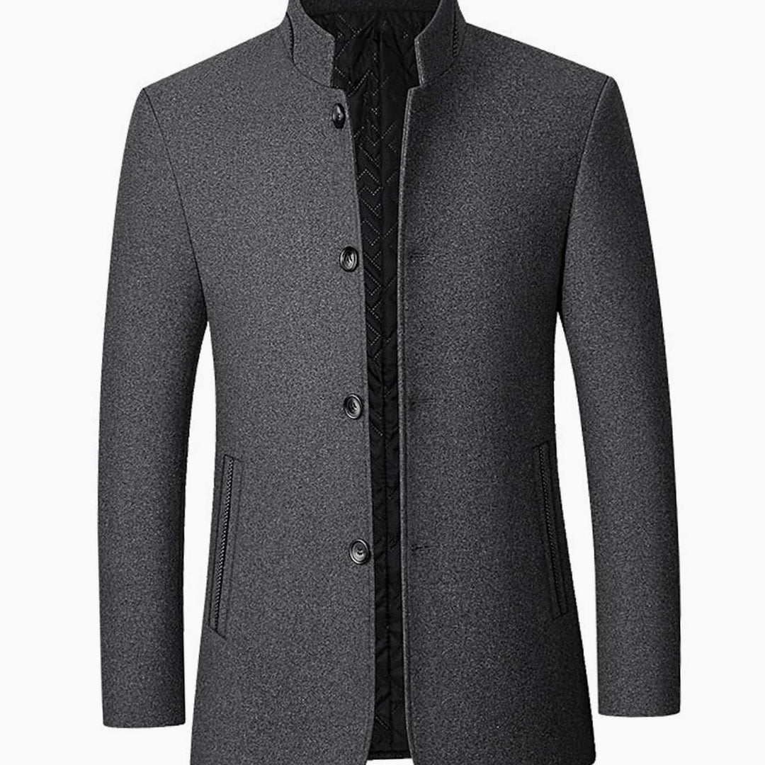Men's Wool Stand-Collar Overcoat Tailored Button-Front Coat - Gray