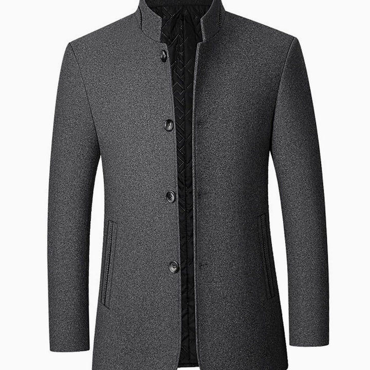 Men's Wool Stand-Collar Overcoat Tailored Button-Front Coat - Gray