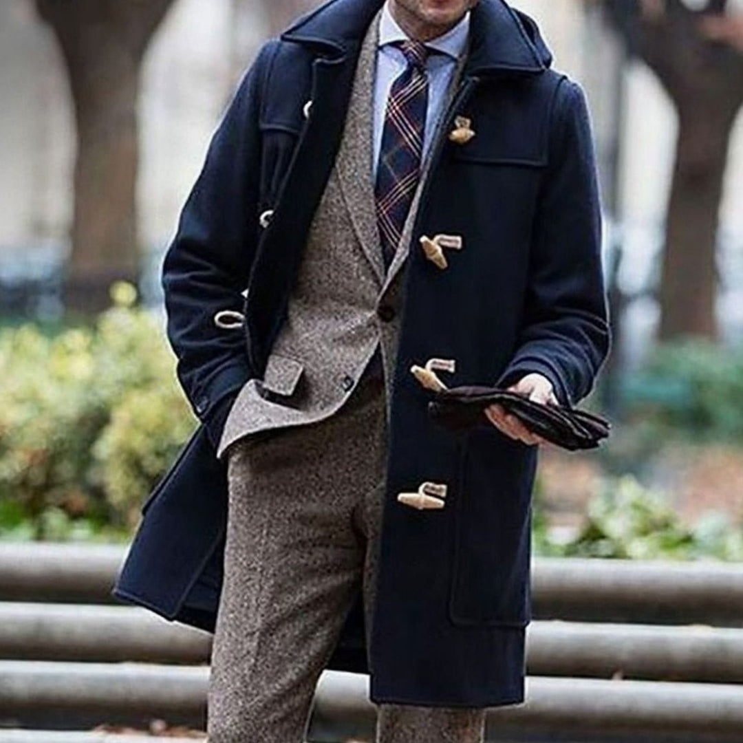 Men's Wool Toggle Hooded Overcoat Long Duffle Coat - Dark Blue