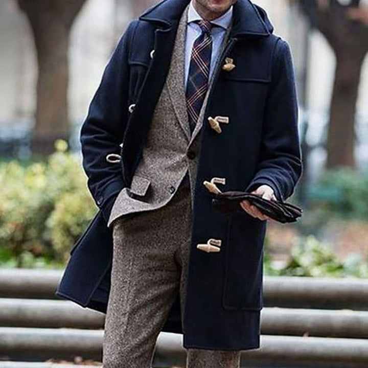 Men's Wool Toggle Hooded Overcoat Long Duffle Coat - Dark Blue