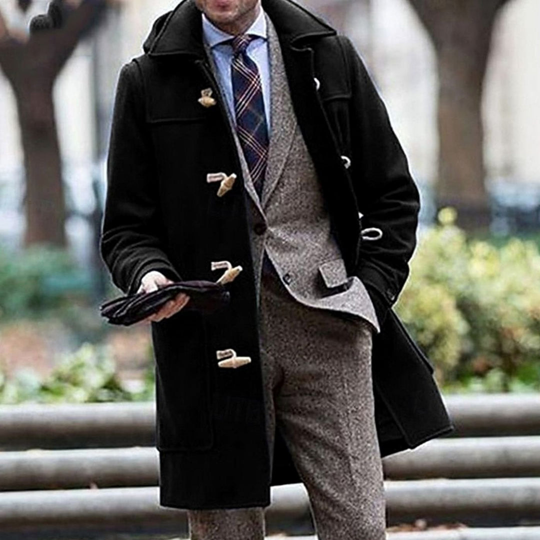 Men's Wool Toggle Hooded Overcoat Long Duffle Coat - Black