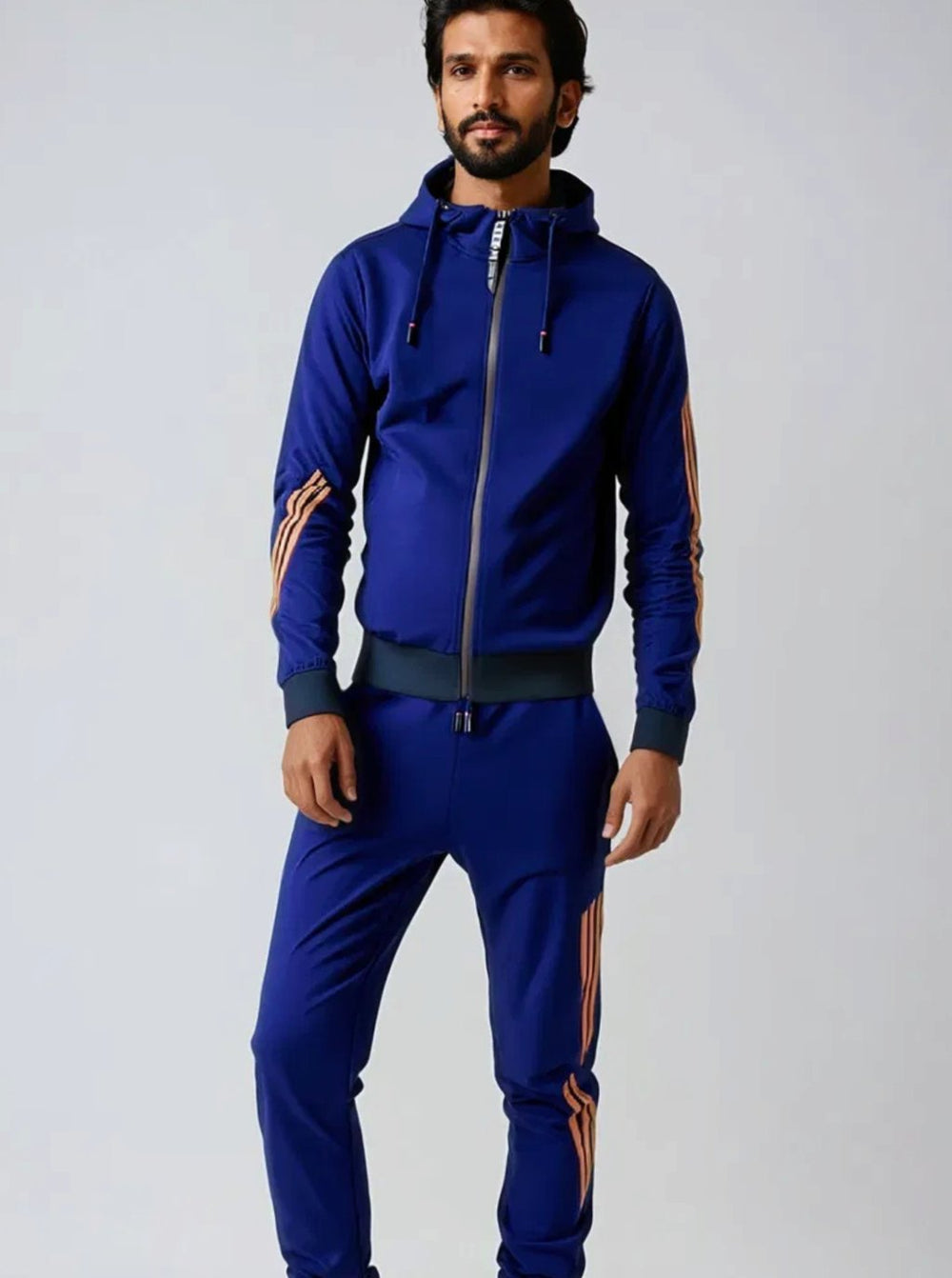 Men's Zip-Up Casual Hoodie Jogger Tracksuit Set Stripe Detail
