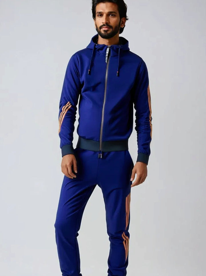 Men's Zip-Up Casual Hoodie Jogger Tracksuit Set Stripe Detail