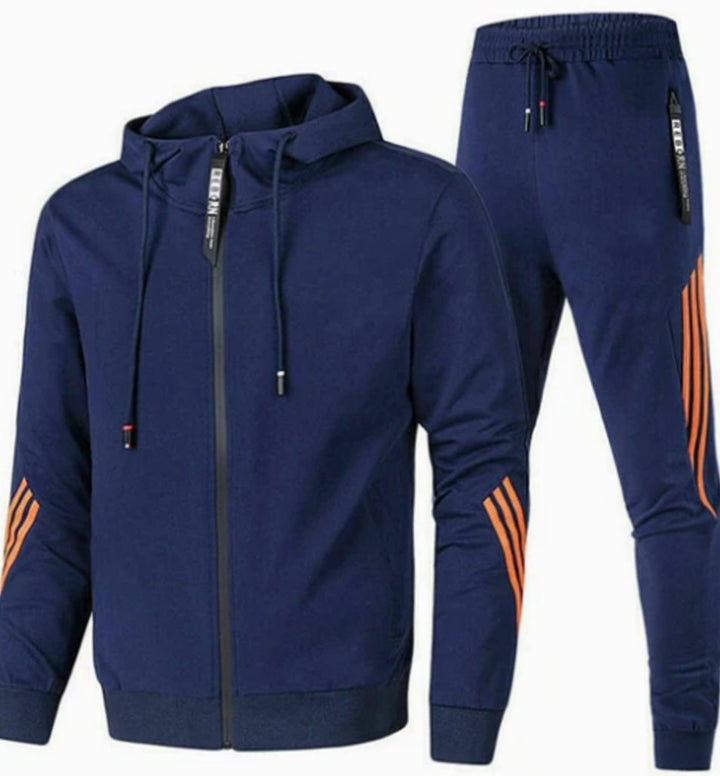 Men's Zip-Up Casual Hoodie Jogger Tracksuit Set Stripe Detail - Blue