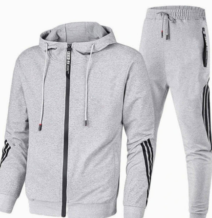 Men's Zip-Up Casual Hoodie Jogger Tracksuit Set Stripe Detail - Grey