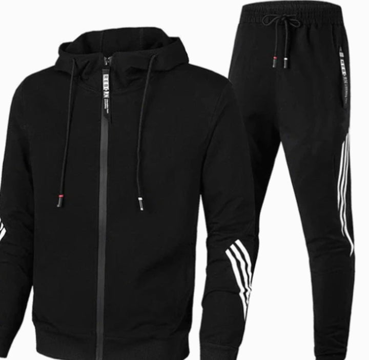 Men's Zip-Up Casual Hoodie Jogger Tracksuit Set Stripe Detail - Black