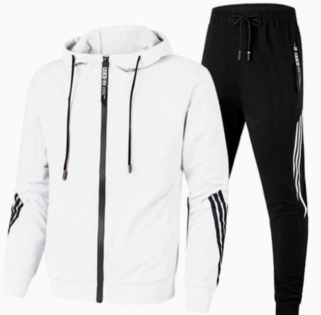 Men's Zip-Up Casual Hoodie Jogger Tracksuit Set Stripe Detail - White