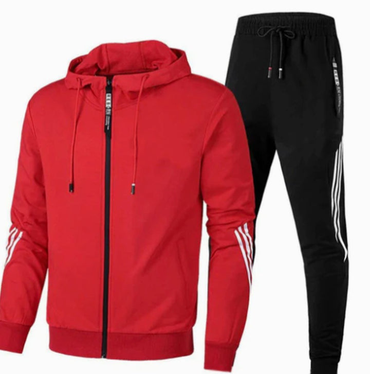 Men's Zip-Up Casual Hoodie Jogger Tracksuit Set Stripe Detail - Red
