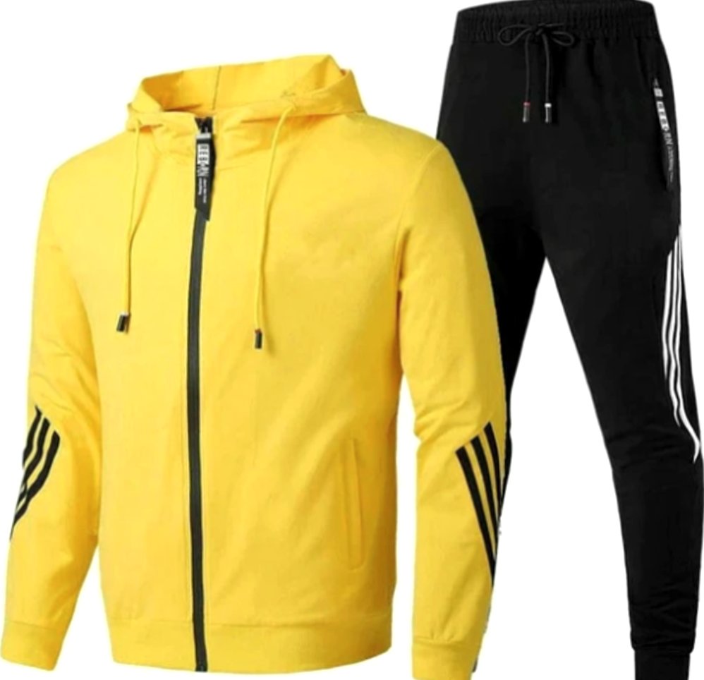 Men's Zip-Up Casual Hoodie Jogger Tracksuit Set Stripe Detail - Yellow