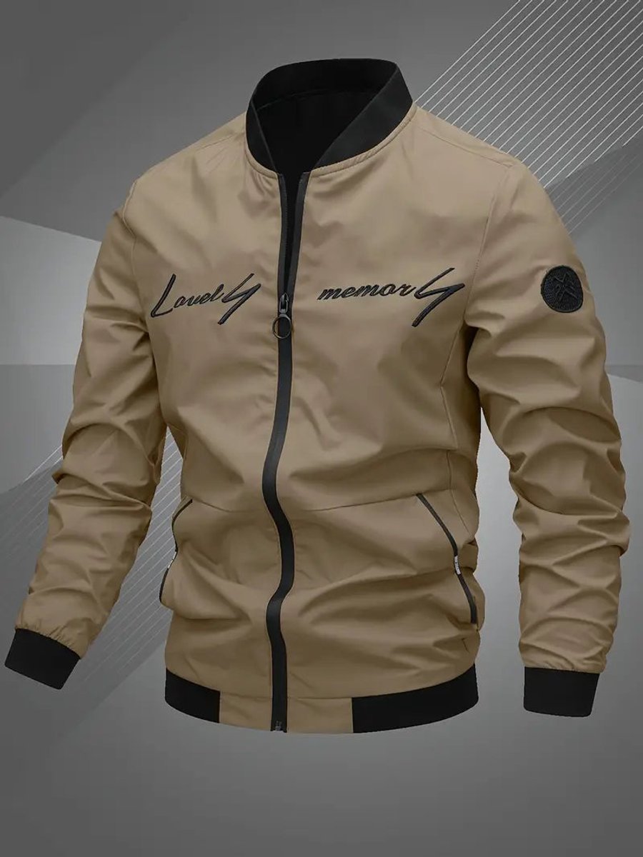 Men's Zip-Up Embroidered Baseball Collar Bomber Jacket - Khaki
