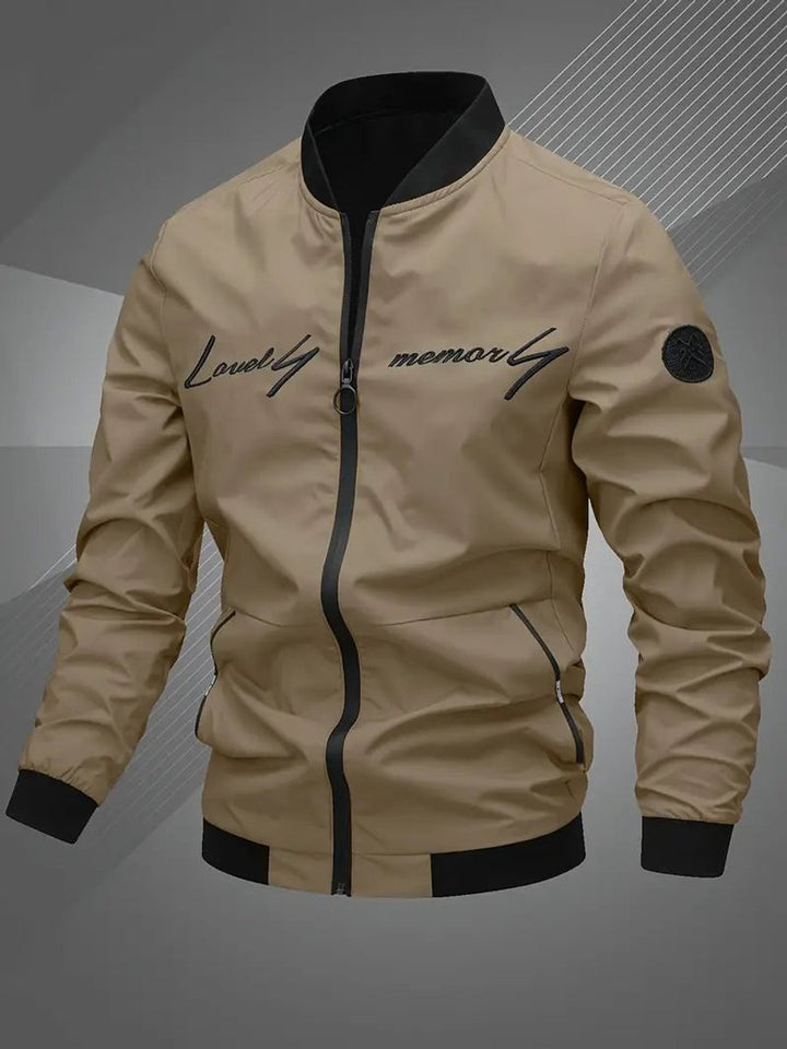 Men's Zip-Up Embroidered Baseball Collar Bomber Jacket - Khaki