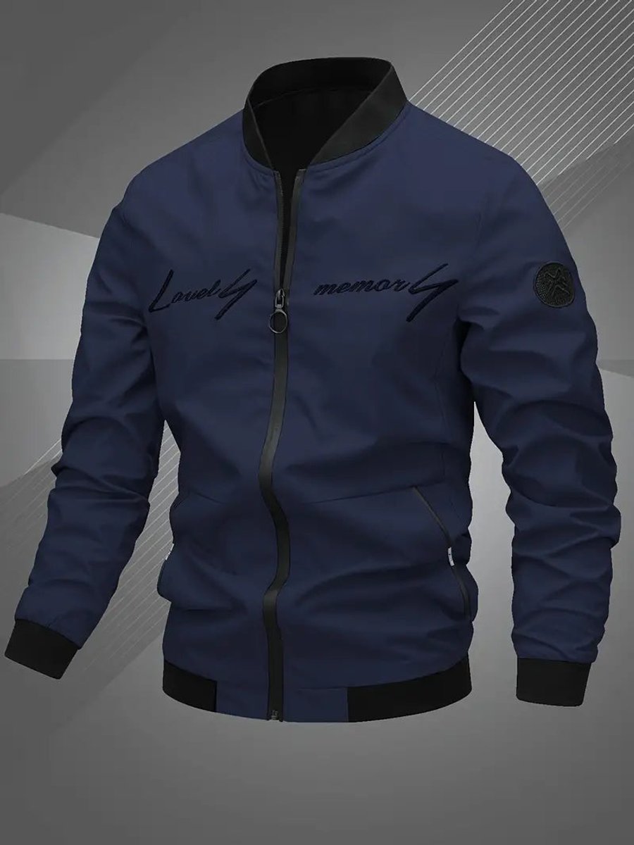 Men's Zip-Up Embroidered Baseball Collar Bomber Jacket - Navy Blue