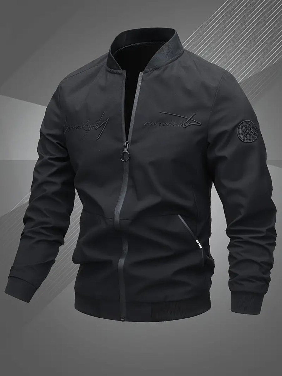 Men's Zip-Up Embroidered Baseball Collar Bomber Jacket - Black