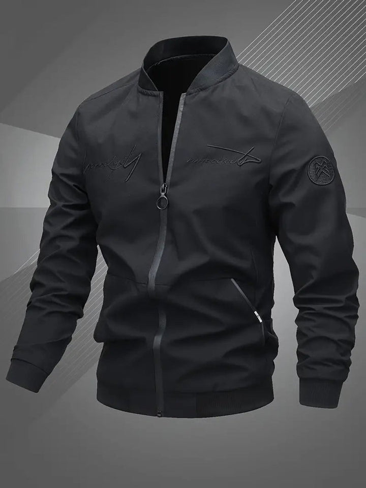 Men's Zip-Up Embroidered Baseball Collar Bomber Jacket - Black