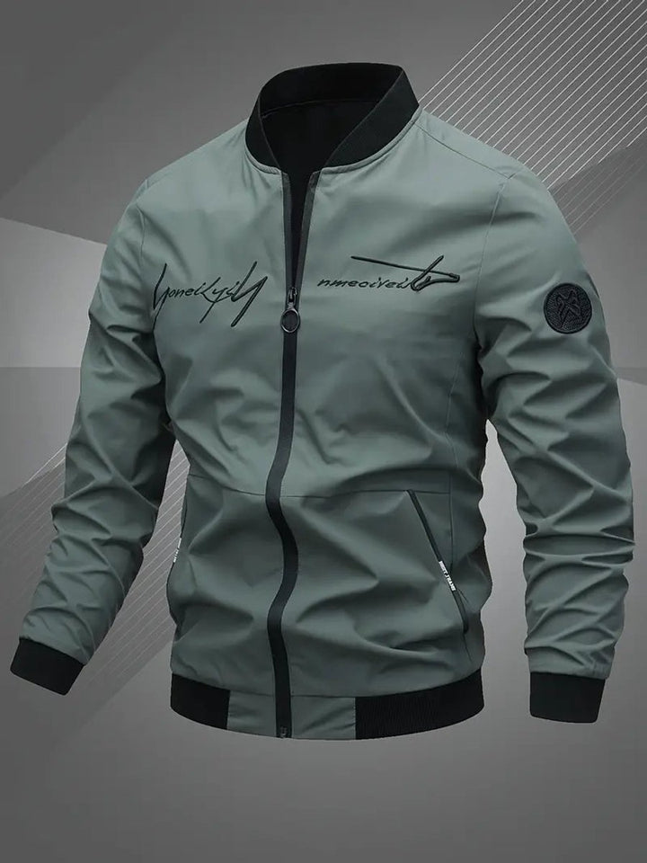 Men's Zip-Up Embroidered Baseball Collar Bomber Jacket - Army Green
