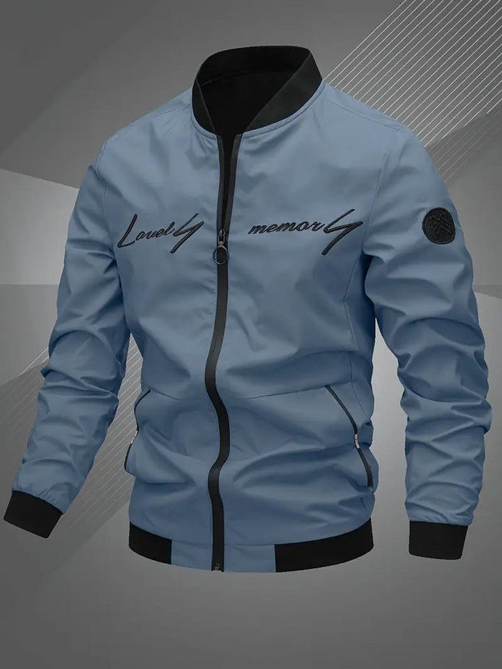 Men's Zip-Up Embroidered Baseball Collar Bomber Jacket - Fog Blue