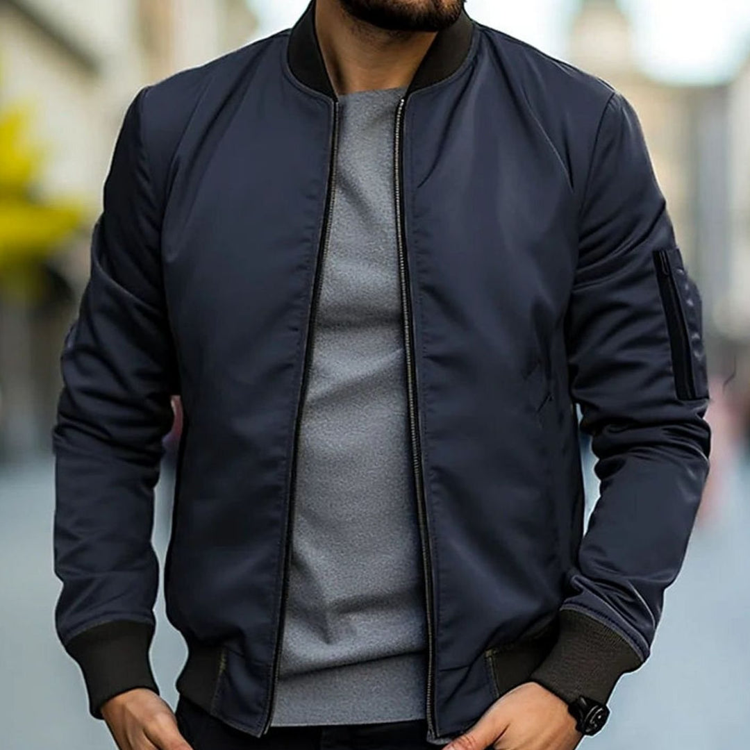 Men's Zip-Up Ribbed-Trim Casual Bomber Jacket - Dark Blue