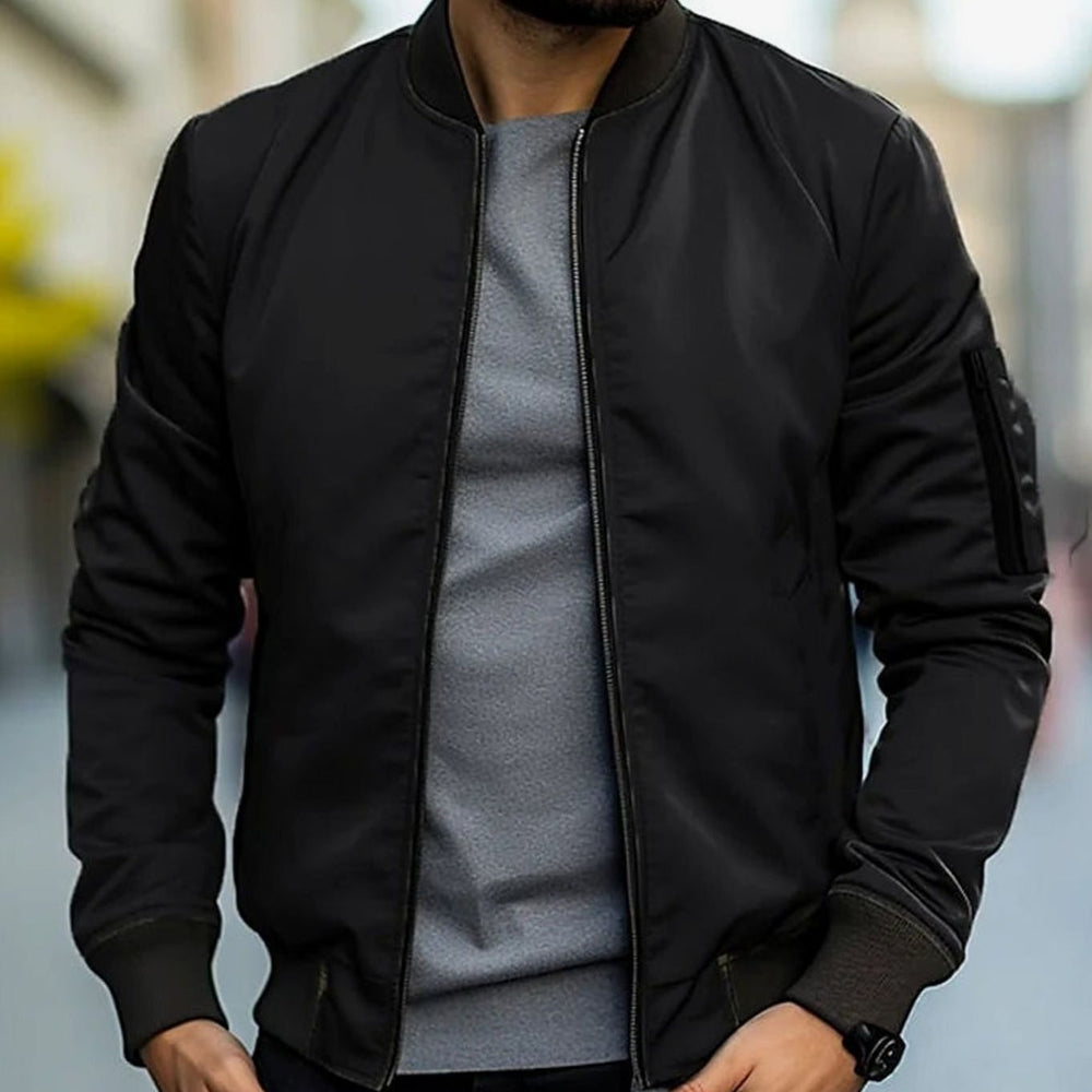 Men's Zip-Up Ribbed-Trim Casual Bomber Jacket - Black