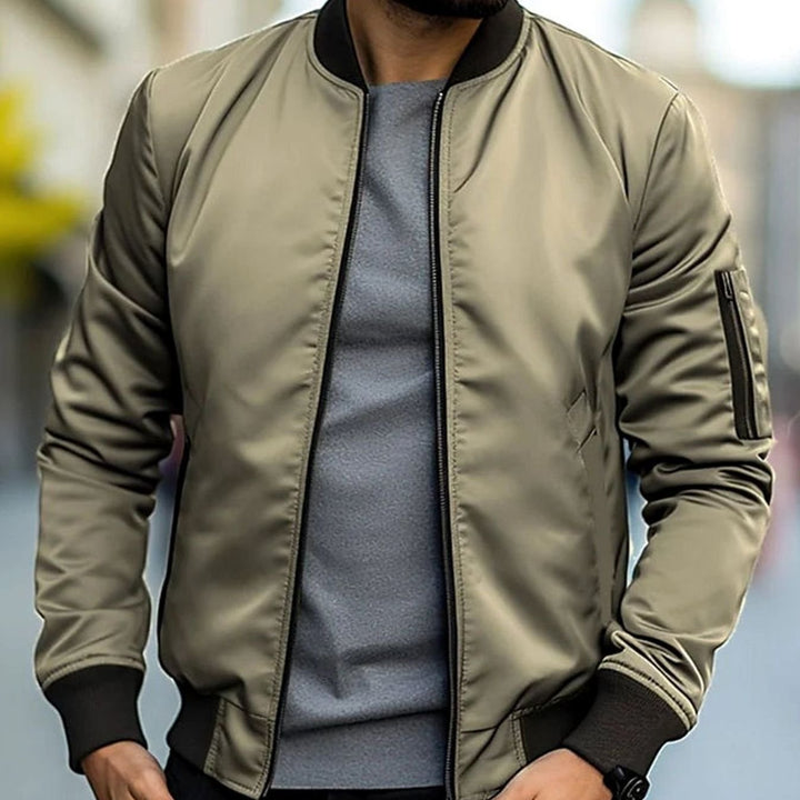 Men's Zip-Up Ribbed-Trim Casual Bomber Jacket - Khaki