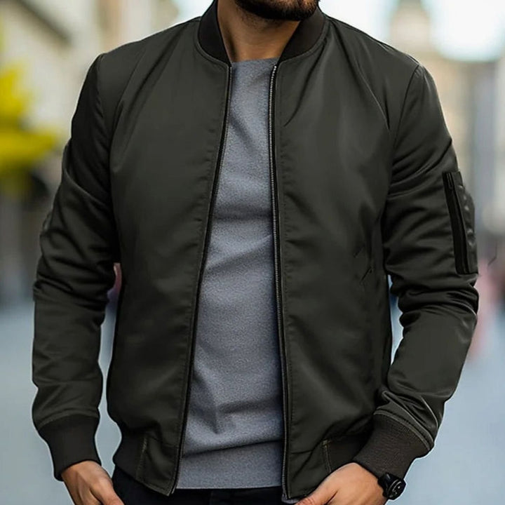 Men's Zip-Up Ribbed-Trim Casual Bomber Jacket - Olive Green