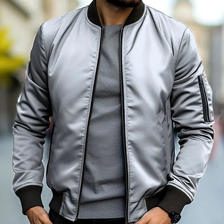 Men's Zip-Up Ribbed-Trim Casual Bomber Jacket - Light Gray