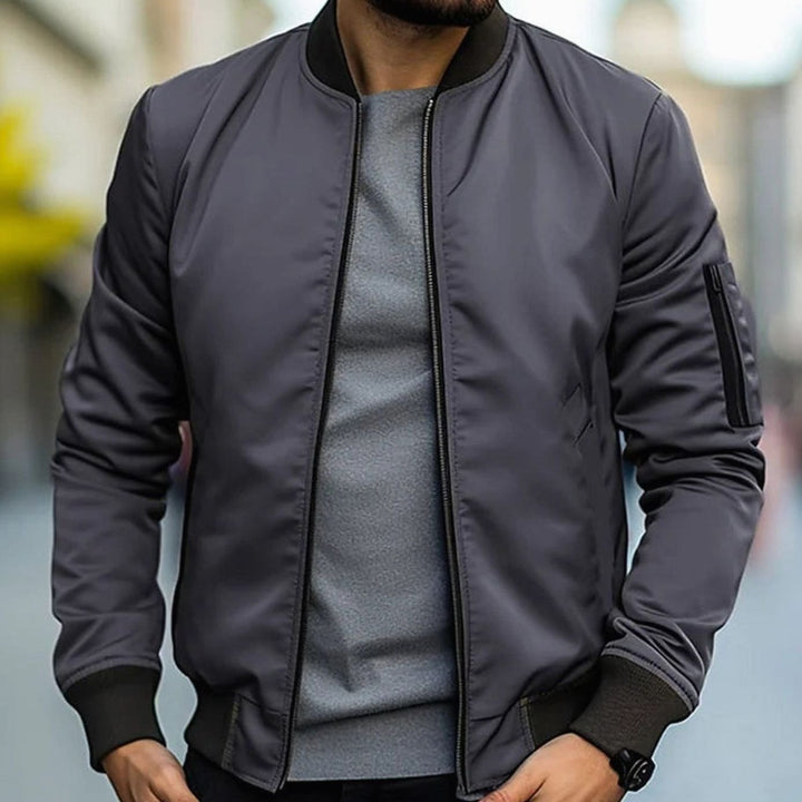 Men's Zip-Up Ribbed-Trim Casual Bomber Jacket - Dark Gray