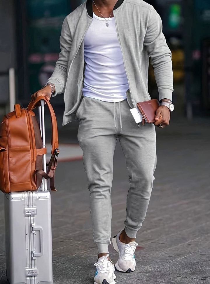 Men's Zip-Up Tapered Jogger Travel Tracksuit Set - Grey