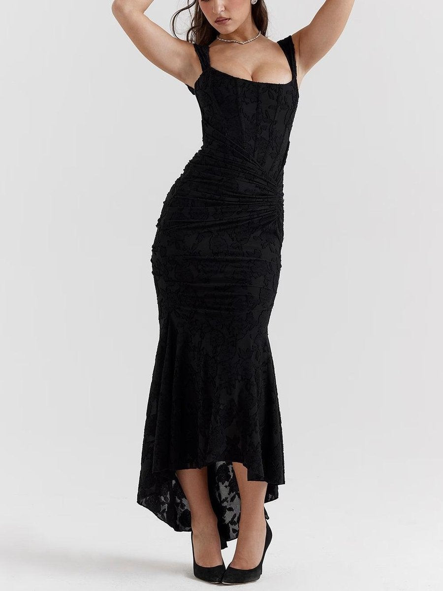 Mother of the Bride Dress Corset Bodice Jacquard Lace Mermaid Midi - Black