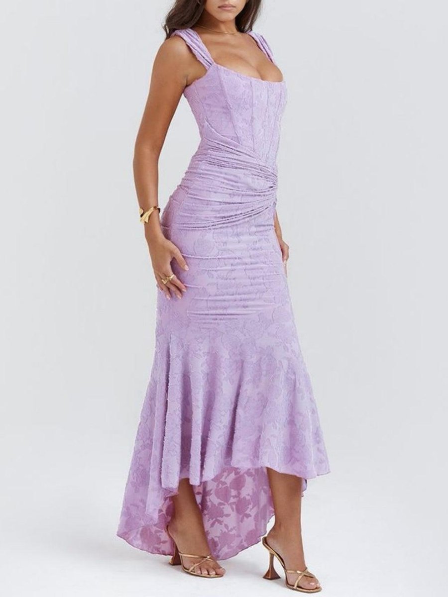 Mother of the Bride Dress Corset Bodice Jacquard Lace Mermaid Midi - Purple-2