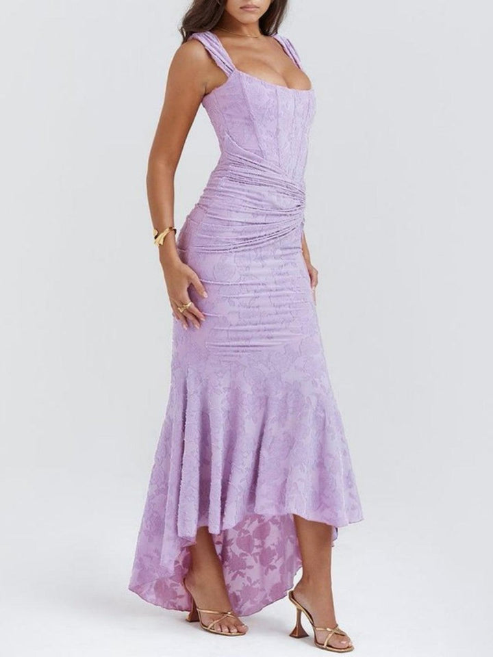 Mother of the Bride Dress Corset Bodice Jacquard Lace Mermaid Midi - Purple-2