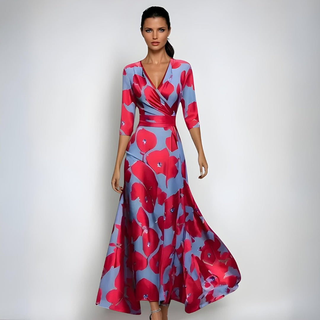Mother of the Bride Dress Floral Wrap Maxi A-Line Gown - Red/Blue