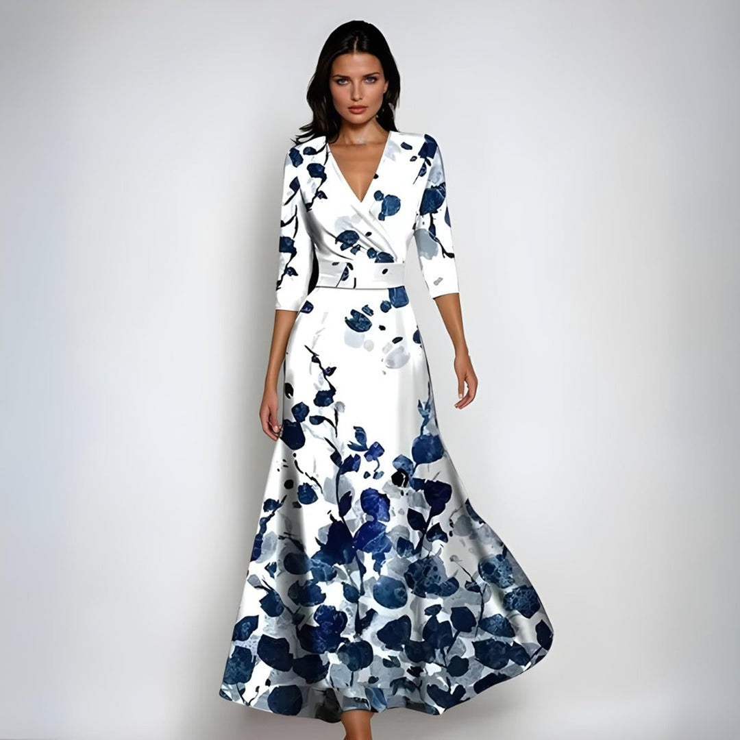 Mother of the Bride Dress Floral Wrap Maxi A-Line Gown - White/Blue