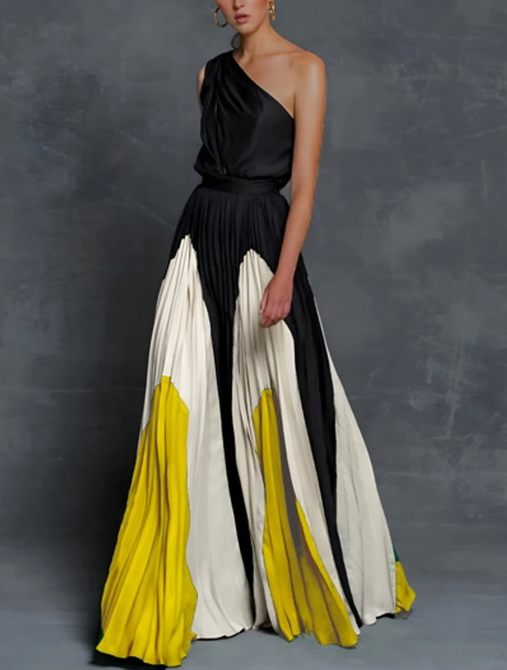 Mother of the Bride Dress One-Shoulder Pleated Color-Block Maxi Gown - Sunburst Monochrome Elegance