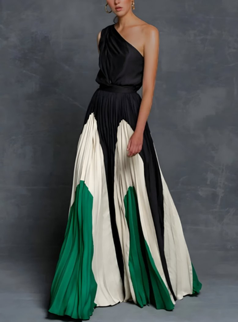 Mother of the Bride Dress One-Shoulder Pleated Color-Block Maxi Gown - Emerald Monochrome Elegance