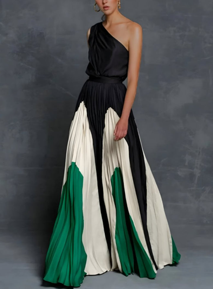 Mother of the Bride Dress One-Shoulder Pleated Color-Block Maxi Gown - Emerald Monochrome Elegance