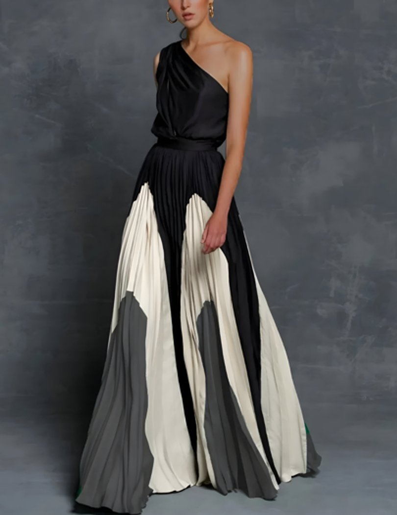 Mother of the Bride Dress One-Shoulder Pleated Color-Block Maxi Gown - Monochrome Wave Elegance