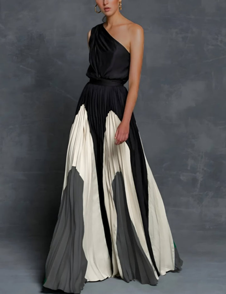Mother of the Bride Dress One-Shoulder Pleated Color-Block Maxi Gown - Monochrome Wave Elegance