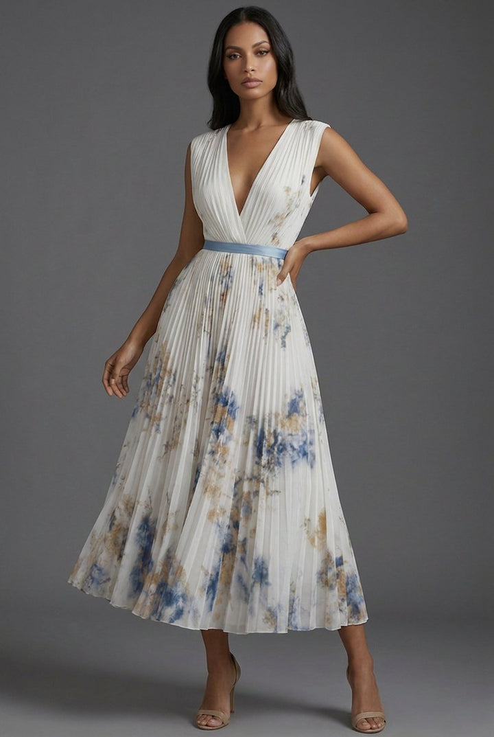 Mother of the Bride Dress Pleated Floral V-Neck Midi - White