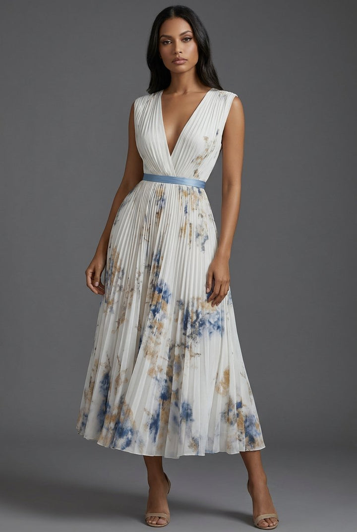 Mother of the Bride Dress Pleated Floral V-Neck Midi