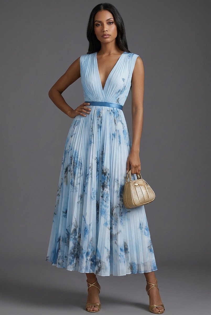 Mother of the Bride Dress Pleated Floral V-Neck Midi - Blue