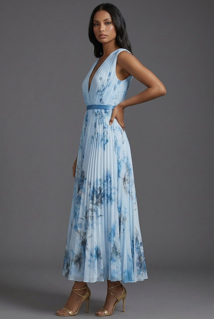 Mother of the Bride Dress Pleated Floral V-Neck Midi