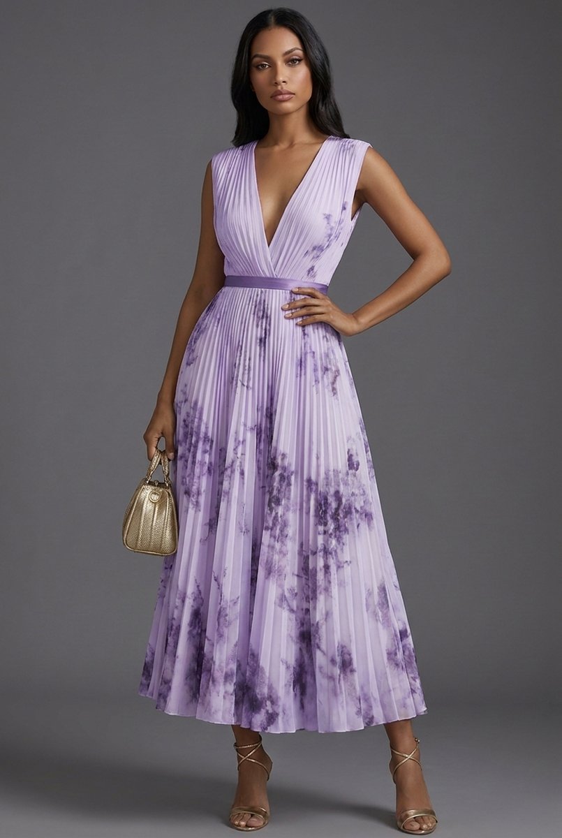 Mother of the Bride Dress Pleated Floral V-Neck Midi - Purple