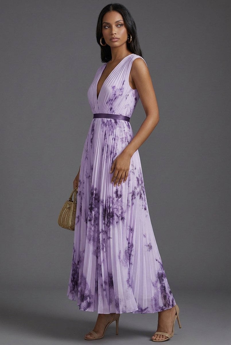 Mother of the Bride Dress Pleated Floral V-Neck Midi