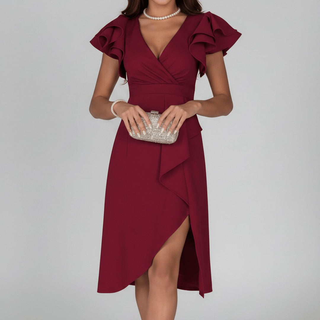 Mother of the Bride Dress Ruffle Sleeve Wrap Asymmetrical Midi - Deep Red