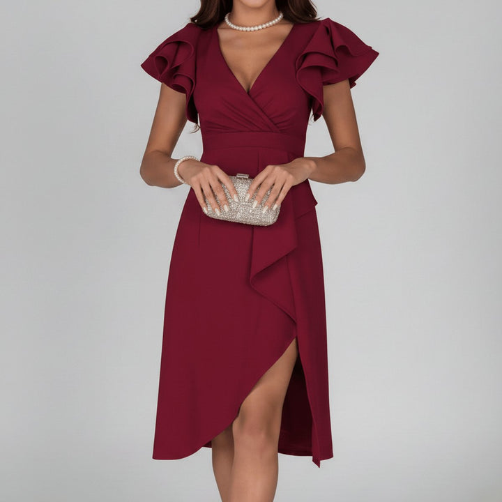 Mother of the Bride Dress Ruffle Sleeve Wrap Asymmetrical Midi - Deep Red